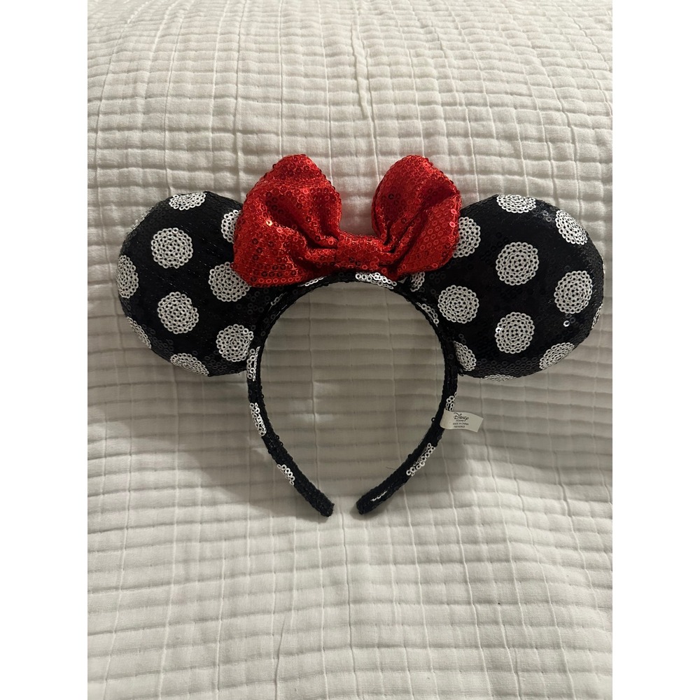 Disney Parks Minnie Mouse Polka Dot Sequin Ear Headband Red Bow Black White